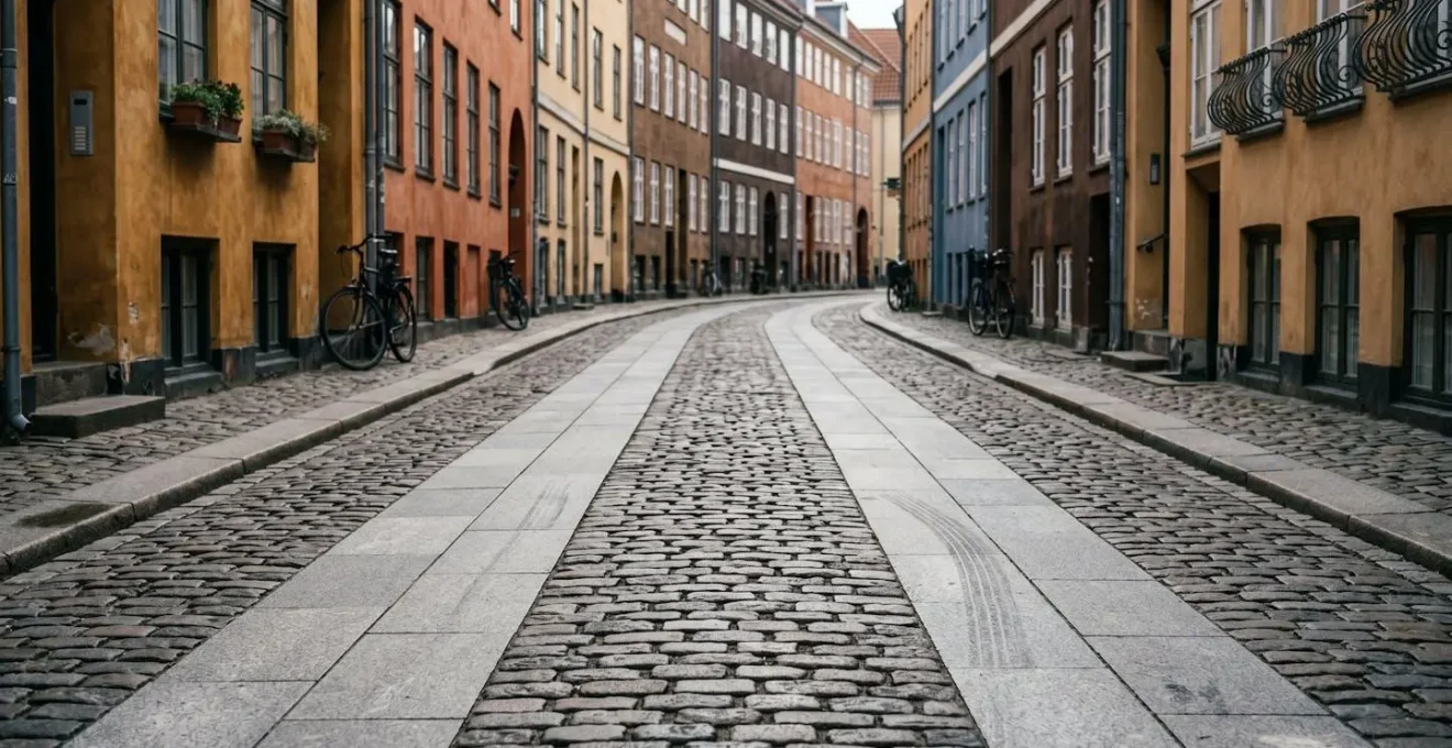 Wide view of Copenhagen cobblestone street showing smooth granite accessibility strip running parallel through historic paving