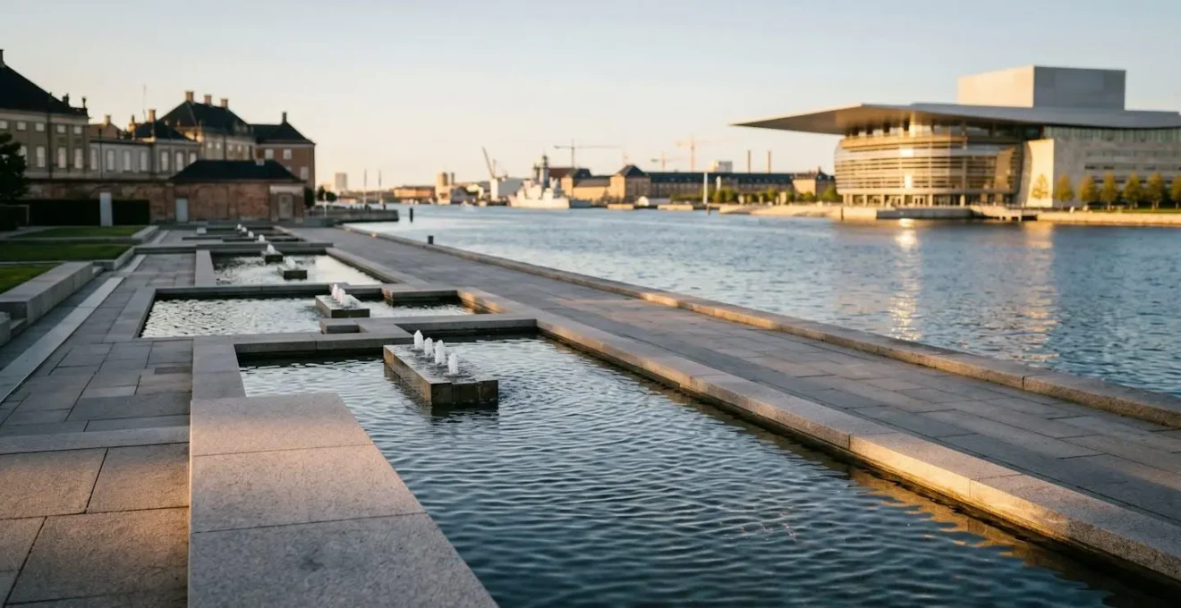 Serene waterfront view from Amalie Garden showing modern geometric landscaping with the Copenhagen Opera House visible across the calm harbor waters