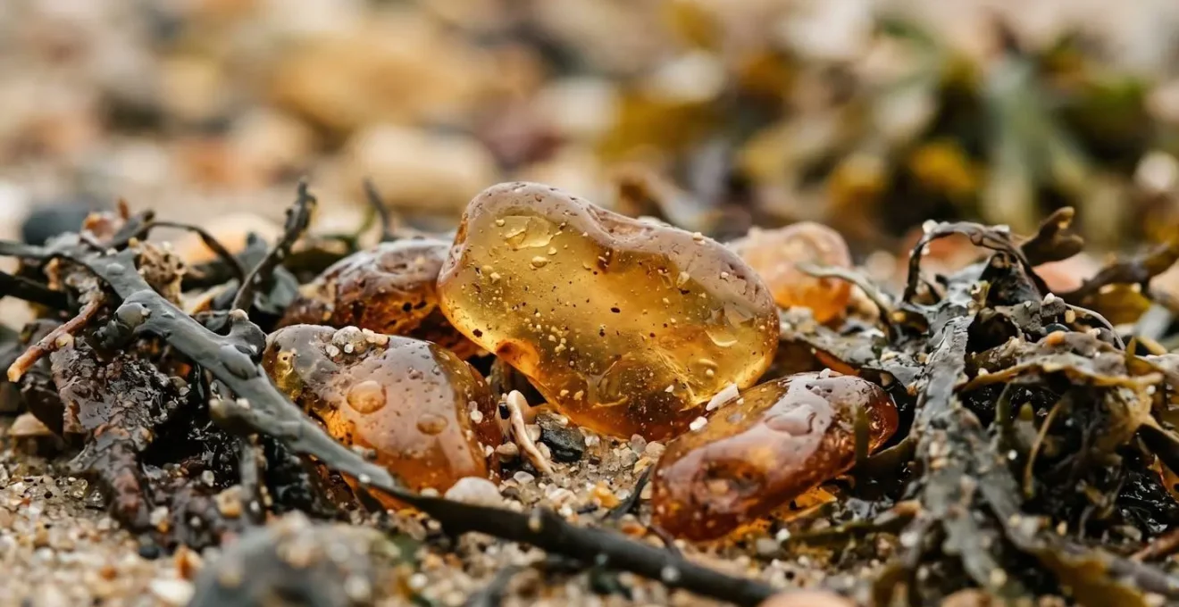 Close-up macro view of amber fragments nestled among natural seaweed and driftwood after a Baltic storm