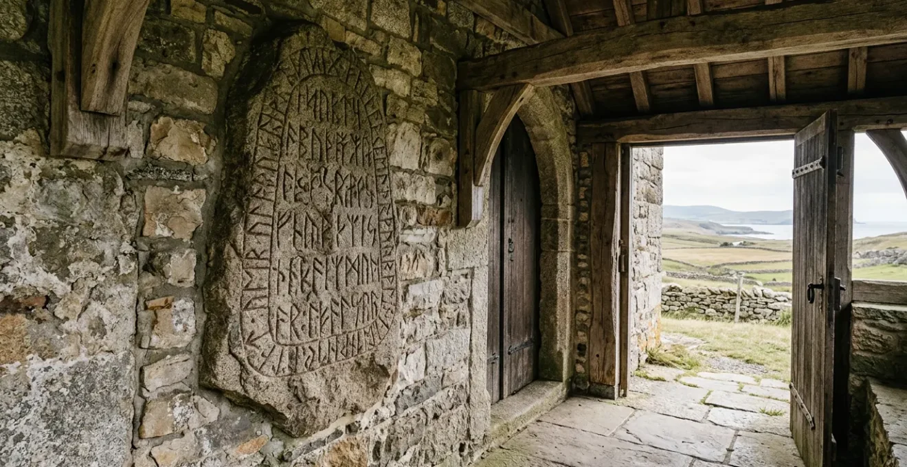 Ancient Viking runestone embedded in medieval church wall casting shadows in natural light