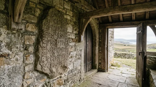 Ancient Viking runestone embedded in medieval church wall casting shadows in natural light
