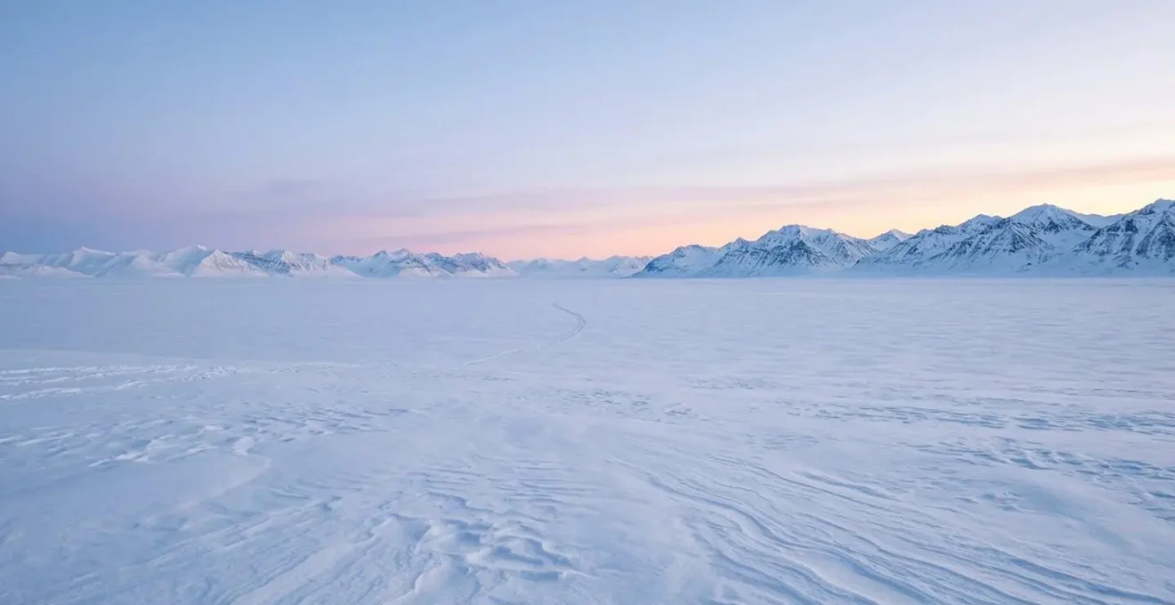 Vast Arctic wilderness landscape showcasing pristine snow-covered tundra under soft polar twilight