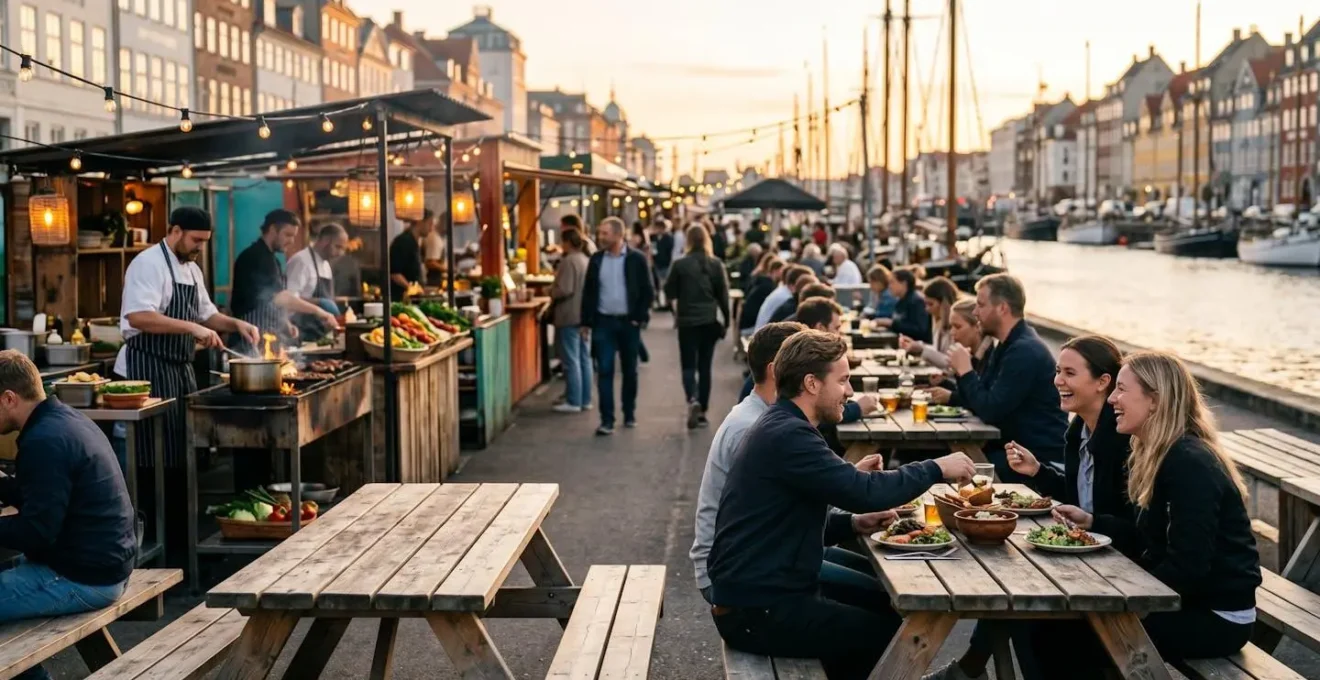 Outdoor street food market with diverse international food stalls and communal wooden tables overlooking Copenhagen harbor at golden hour