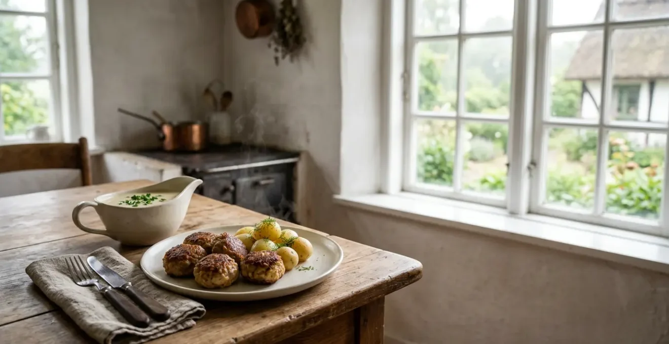 Traditional Danish meatballs on rustic wooden table with parsley sauce