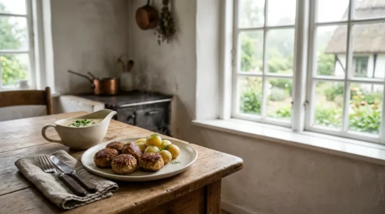Traditional Danish meatballs on rustic wooden table with parsley sauce