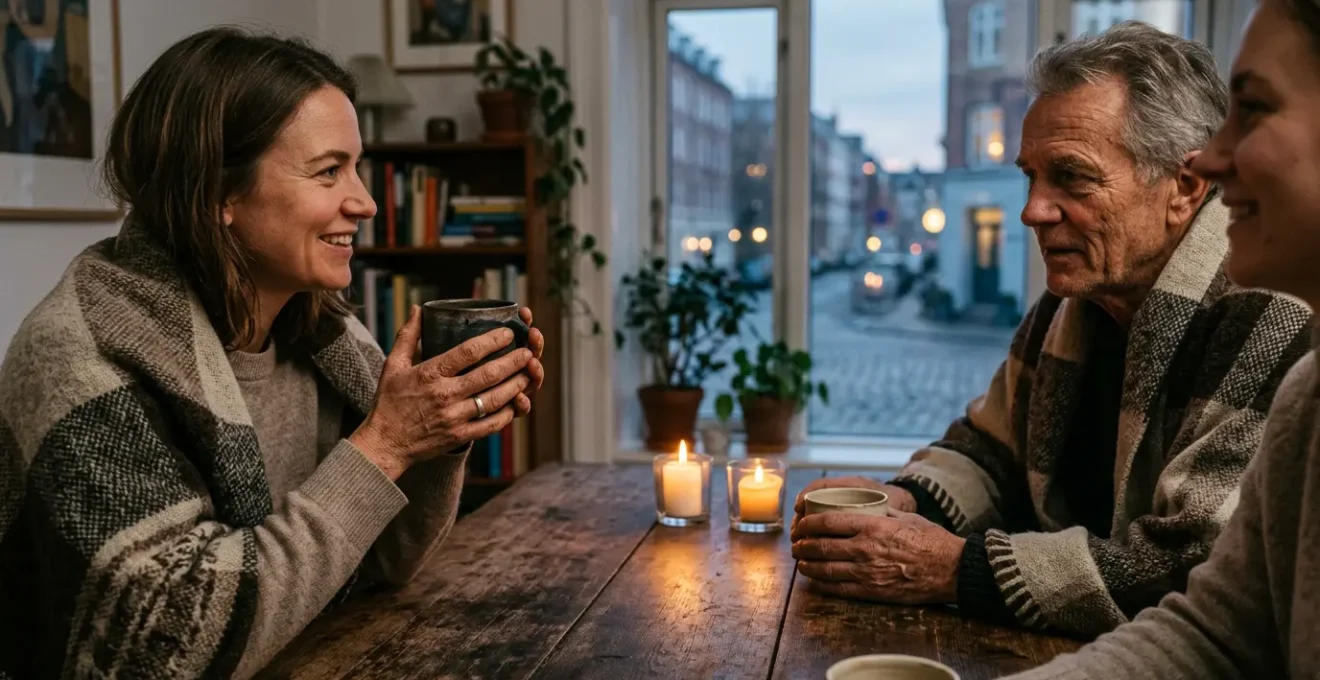 Warm intimate gathering with natural candlelight and handmade textiles creating genuine Danish hygge atmosphere