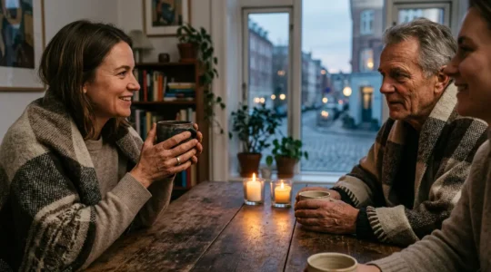 Warm intimate gathering with natural candlelight and handmade textiles creating genuine Danish hygge atmosphere