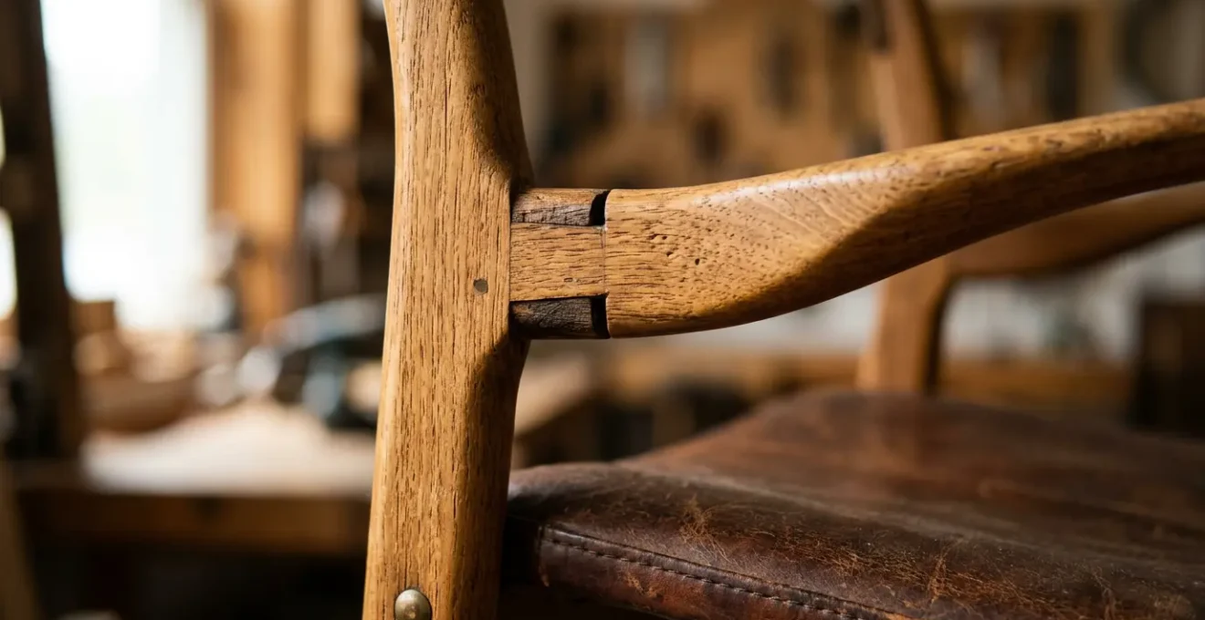 Close-up view of mid-century modern chair joinery and wood grain details in vintage setting