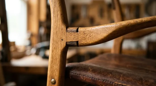 Close-up view of mid-century modern chair joinery and wood grain details in vintage setting