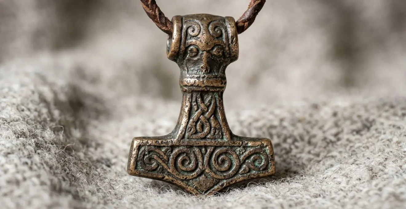 Close-up macro of authentic Viking Age jewelry replica showing intricate metalwork and natural materials
