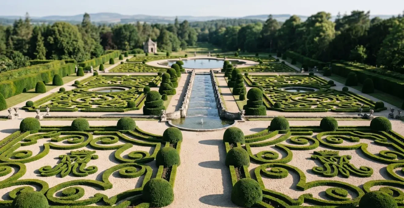Aerial view of meticulously trimmed geometric Baroque garden hedges and royal monograms at a Danish Renaissance palace