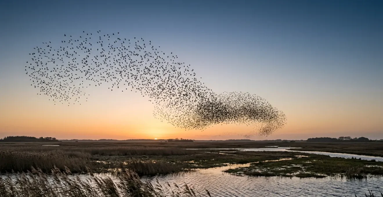 Thousands of starlings forming dramatic dark patterns against golden sunset sky over Danish marshlands