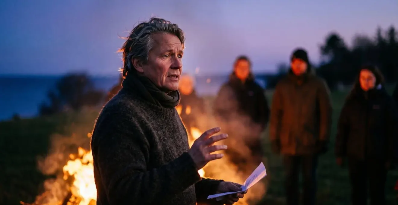 Community figure delivering traditional bonfire speech at Danish Sankt Hans celebration with engaged listeners in twilight