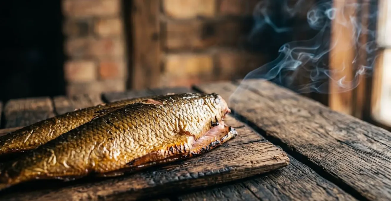 Traditional Bornholm smokehouse with rising alder wood smoke and coastal atmosphere