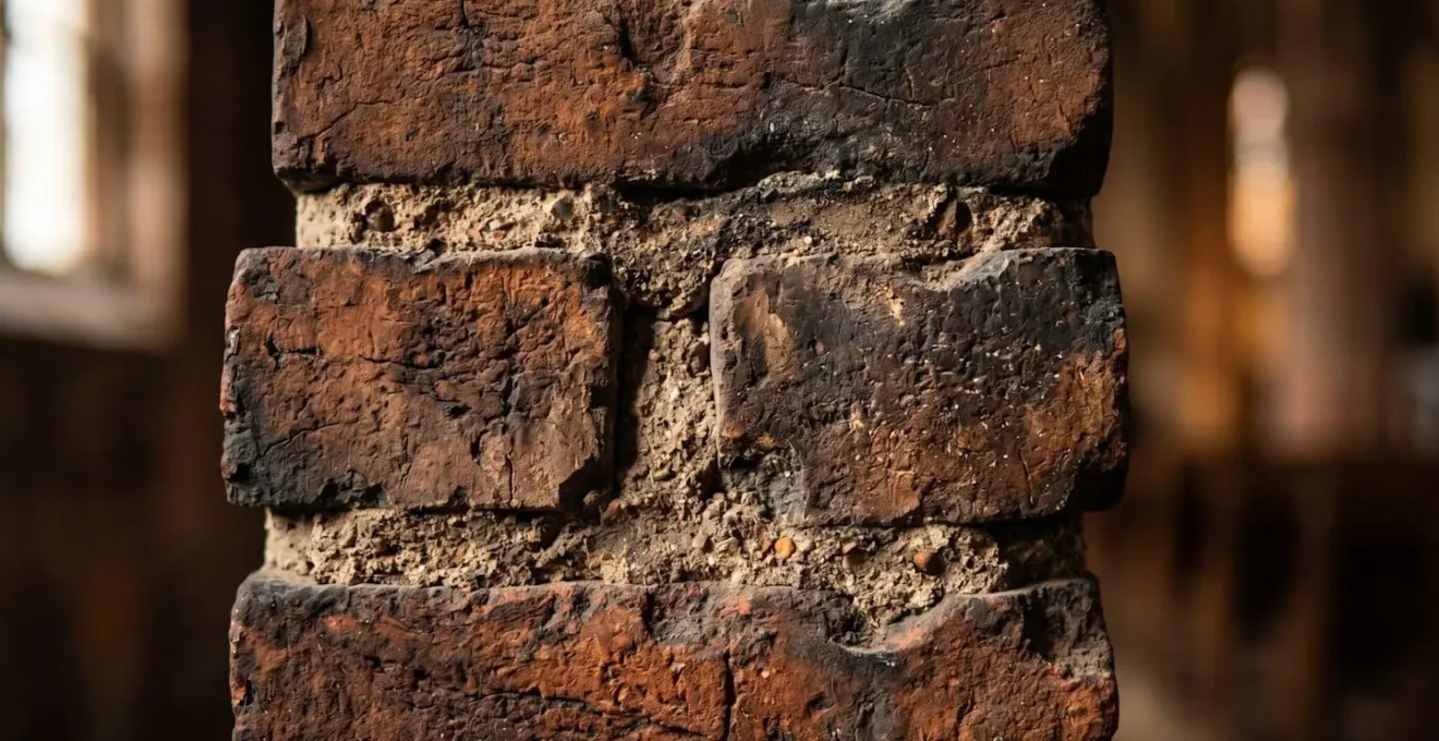Close-up detail of ancient weathered brick wall showing fire-resistant medieval masonry craftsmanship