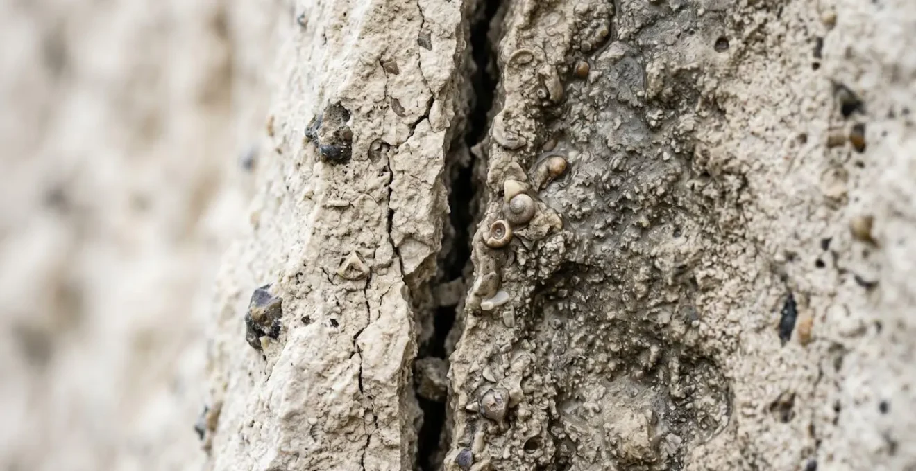 Macro detail of vertical crack in white chalk cliff with fresh debris and moisture seepage patterns
