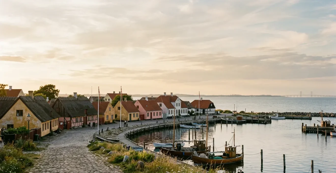 Scenic coastal village with colorful historic houses and harbors along the Danish coast