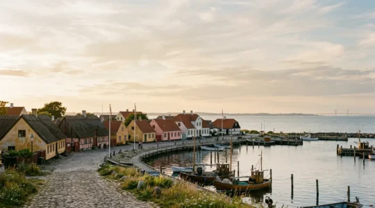 Scenic coastal village with colorful historic houses and harbors along the Danish coast