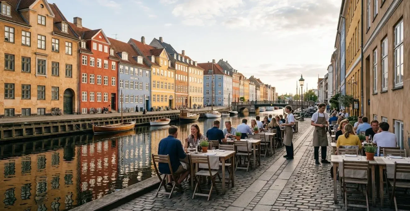 Wide-angle view of colorful historic buildings along Christianshavn canal with authentic local restaurant terrace in foreground, shot with deep depth of field