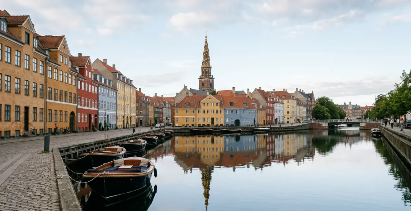 Scenic view of Christianshavn canal with colorful historic houses and small boats along the waterfront in Copenhagen