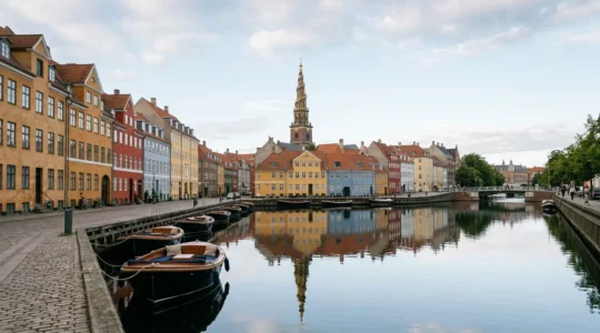 Scenic view of Christianshavn canal with colorful historic houses and small boats along the waterfront in Copenhagen