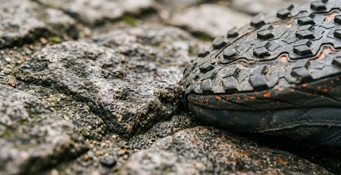 Extreme close-up of shock-absorbing shoe sole structure meeting worn cobblestone surface showing cushioning technology