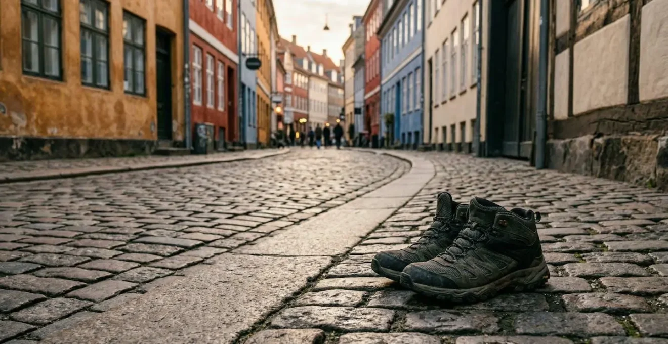 A traveler's feet navigating historic cobblestone streets in Copenhagen's medieval quarter