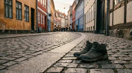 A traveler's feet navigating historic cobblestone streets in Copenhagen's medieval quarter