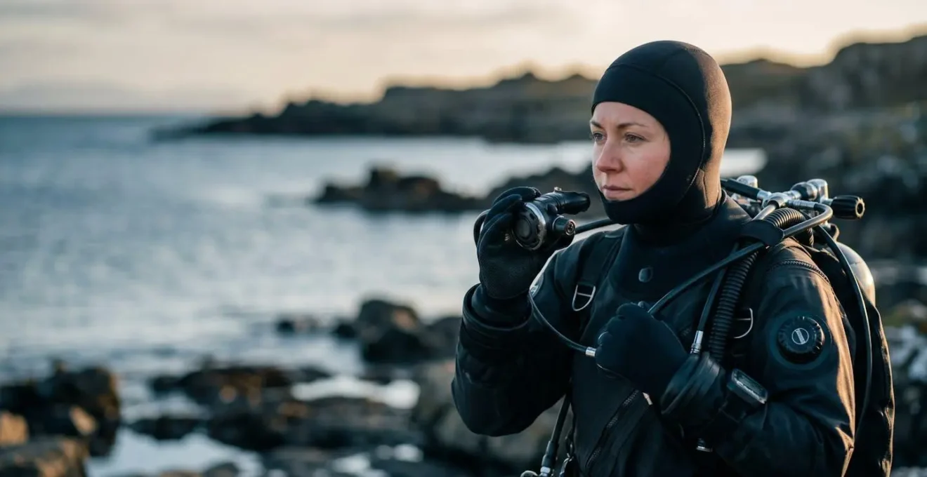Diver in cold-water technical configuration preparing equipment on shore with dramatic natural lighting emphasizing focus and preparation ritual