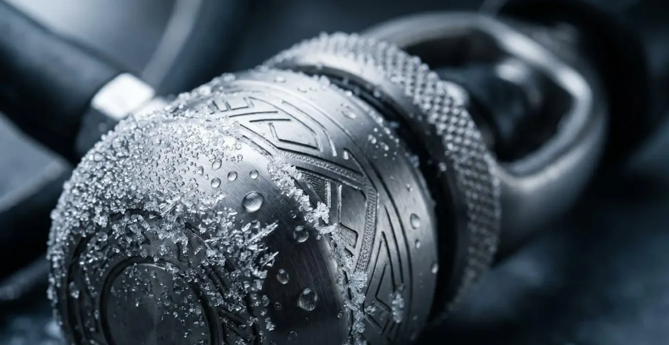 Extreme close-up of ice crystal formation on diving regulator mechanism