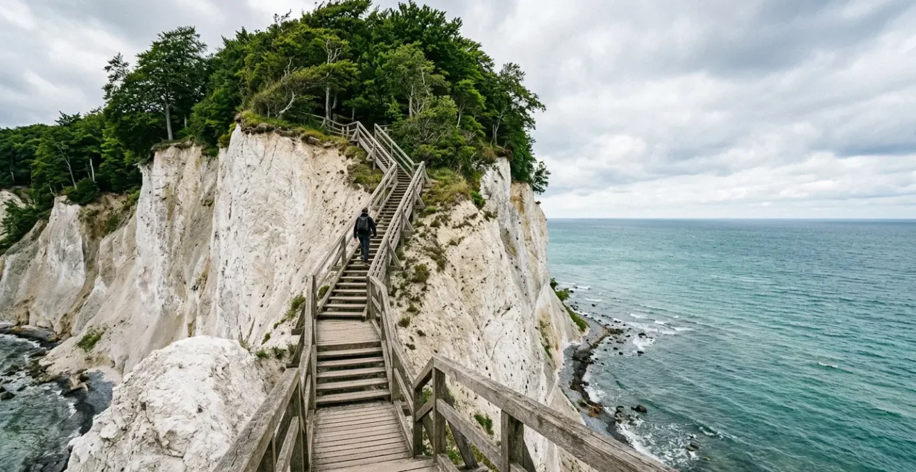 Hikers ascending dramatic wooden staircase along white chalk cliffs overlooking turquoise Baltic Sea