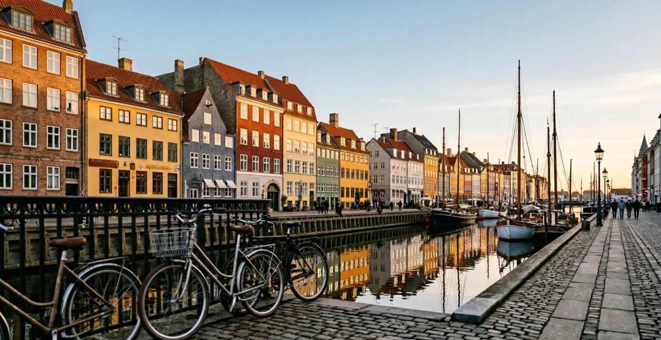 Vibrant Copenhagen canal scene with colorful buildings and bicycles representing a relaxed weekend getaway