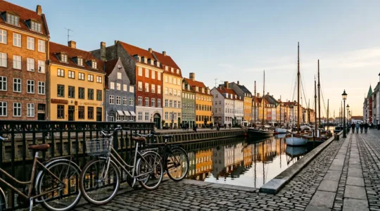 Vibrant Copenhagen canal scene with colorful buildings and bicycles representing a relaxed weekend getaway