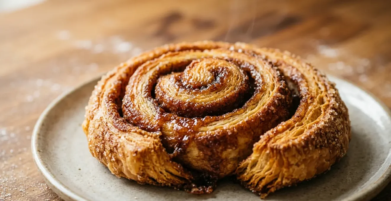 Close-up of freshly baked Danish cinnamon snail with caramelized sugar glaze on rustic wooden surface
