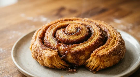 Close-up of freshly baked Danish cinnamon snail with caramelized sugar glaze on rustic wooden surface