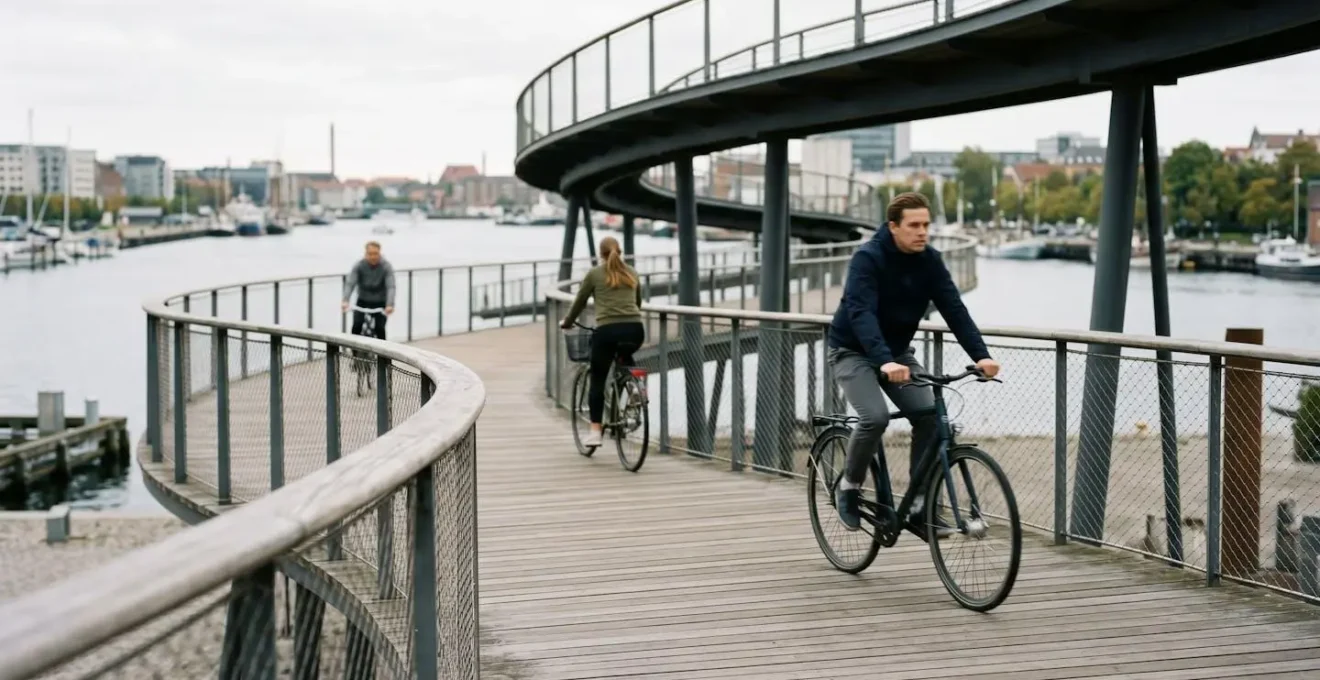 Close-up view of flowing bicycle lane curves with cyclists in motion, showcasing Copenhagen's innovative cycling infrastructure design