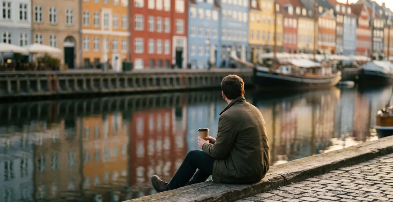 Peaceful early morning view of Nyhavn canal with soft golden light and water reflections before tourist crowds arrive