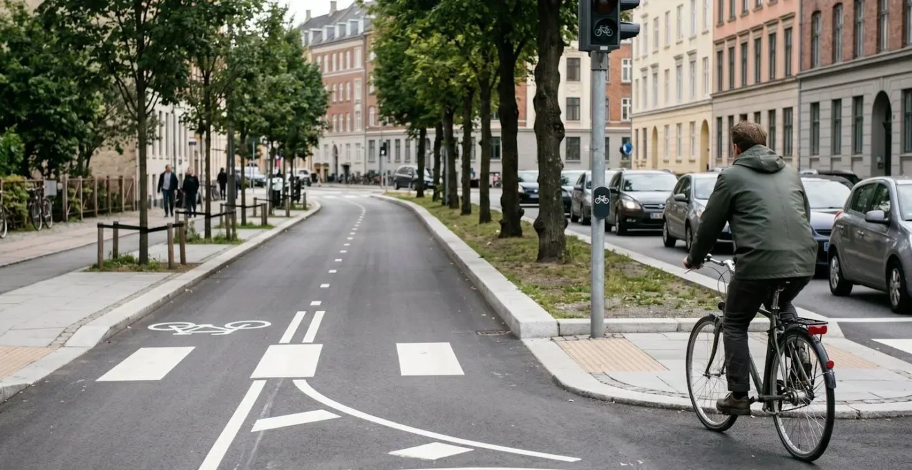 Protected cycling infrastructure in Copenhagen showcasing separated bike lanes and urban design