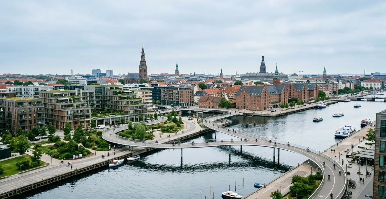 Aerial view of Copenhagen's sustainable waterfront with cycling infrastructure, green spaces, and modern architecture blending with historic buildings