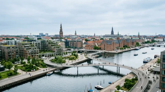 Aerial view of Copenhagen's sustainable waterfront with cycling infrastructure, green spaces, and modern architecture blending with historic buildings
