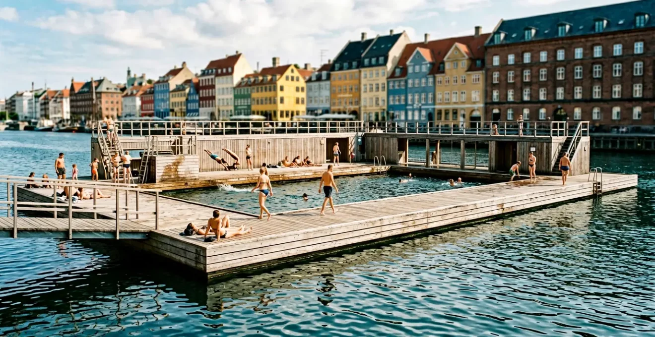 Sunlit wooden harbor bath with swimmers enjoying Copenhagen's clean waterfront