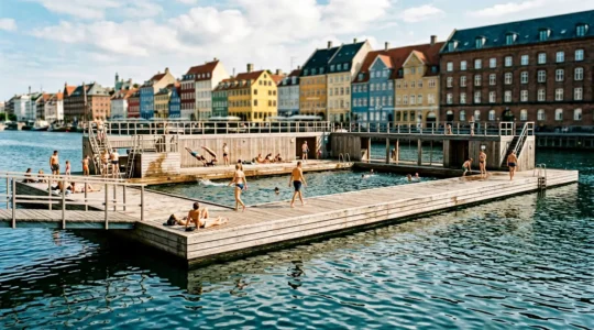 Sunlit wooden harbor bath with swimmers enjoying Copenhagen's clean waterfront