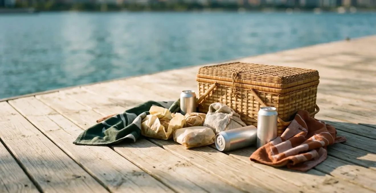 Wooden harbor dock with picnic setup and summer afternoon atmosphere