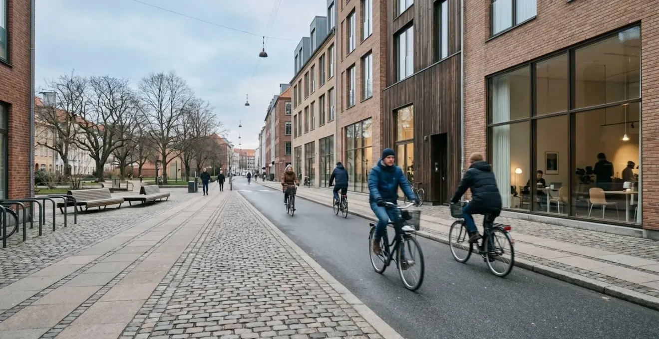 Human-scale Danish urban architecture with integrated cycling infrastructure and communal spaces
