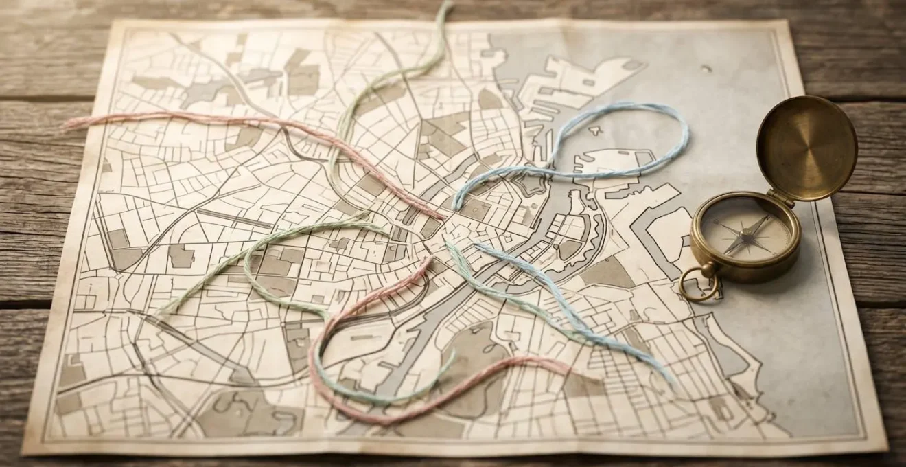 Overhead view of Copenhagen map with color-coded neighborhood zones showing efficient walking routes