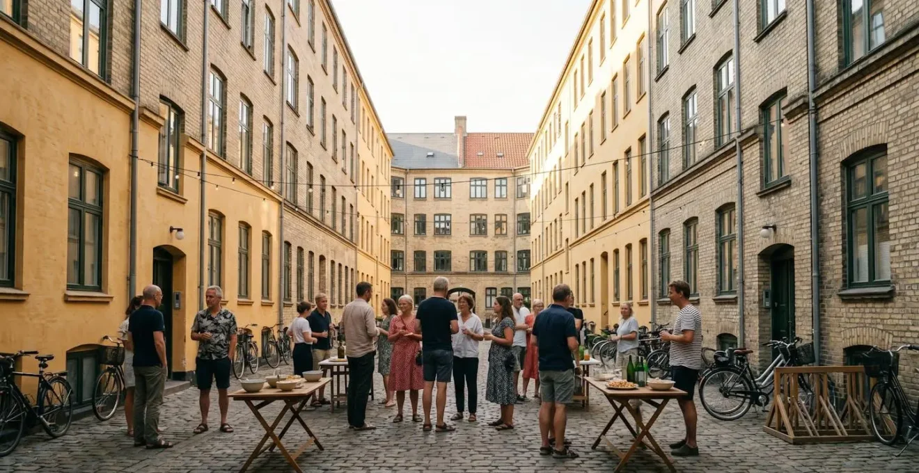 Intimate Copenhagen neighborhood courtyard party with locals gathering in warm evening light