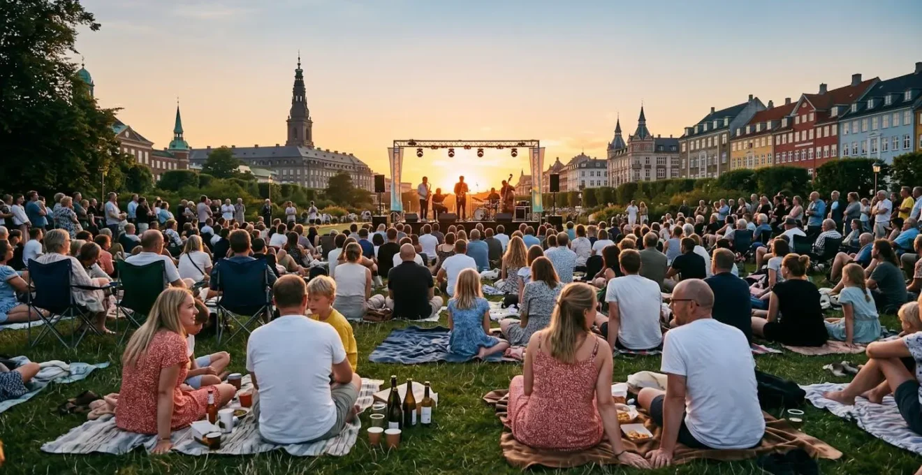 Diverse crowd enjoying free jazz concert at Copenhagen park during summer sunset