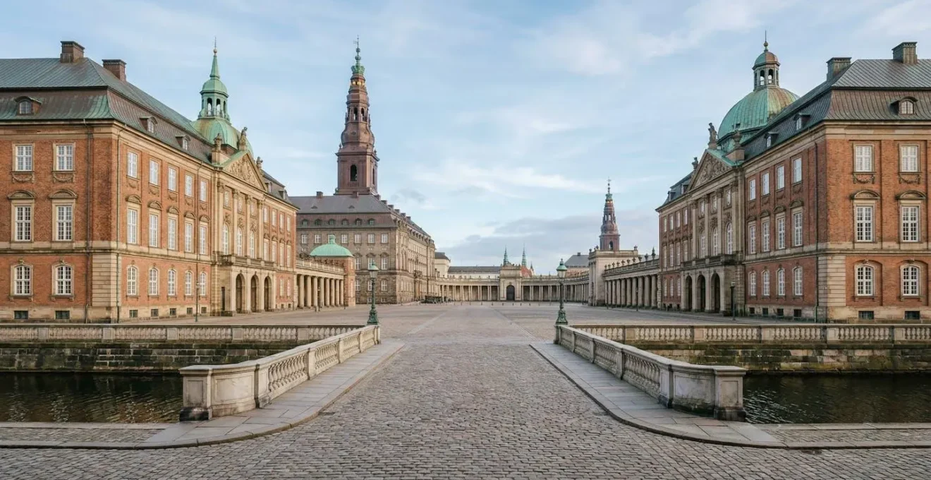 Elegant cobblestone courtyard at historic Copenhagen royal palace with ornate Renaissance spires