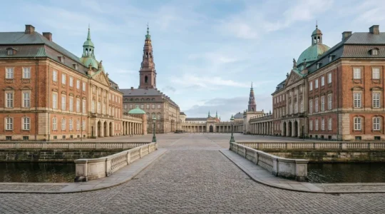 Elegant cobblestone courtyard at historic Copenhagen royal palace with ornate Renaissance spires