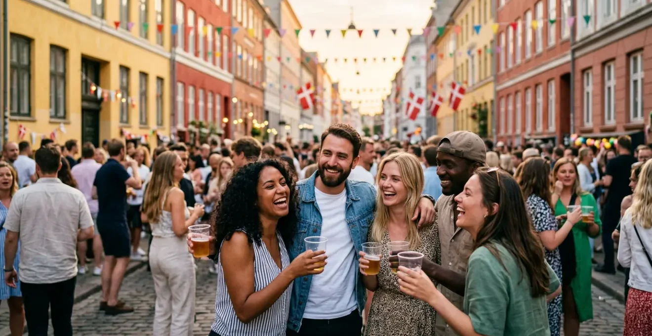 Vibrant Copenhagen street festival with crowds celebrating under colorful banners